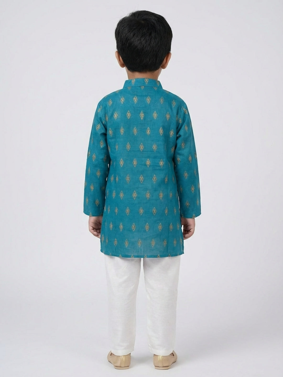 Biglilpeople Boys Teal Geometric Print Mandarin Collar Full Sleeves Straight Kurta Pyjamas Set