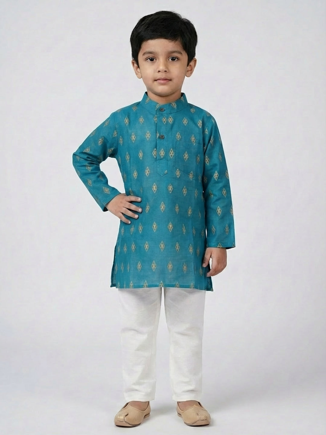 Conjunto de pijama de kurta recta de manga larga con cuello mandarín y estampado geométrico en verde azulado para niños de Biglilpeople