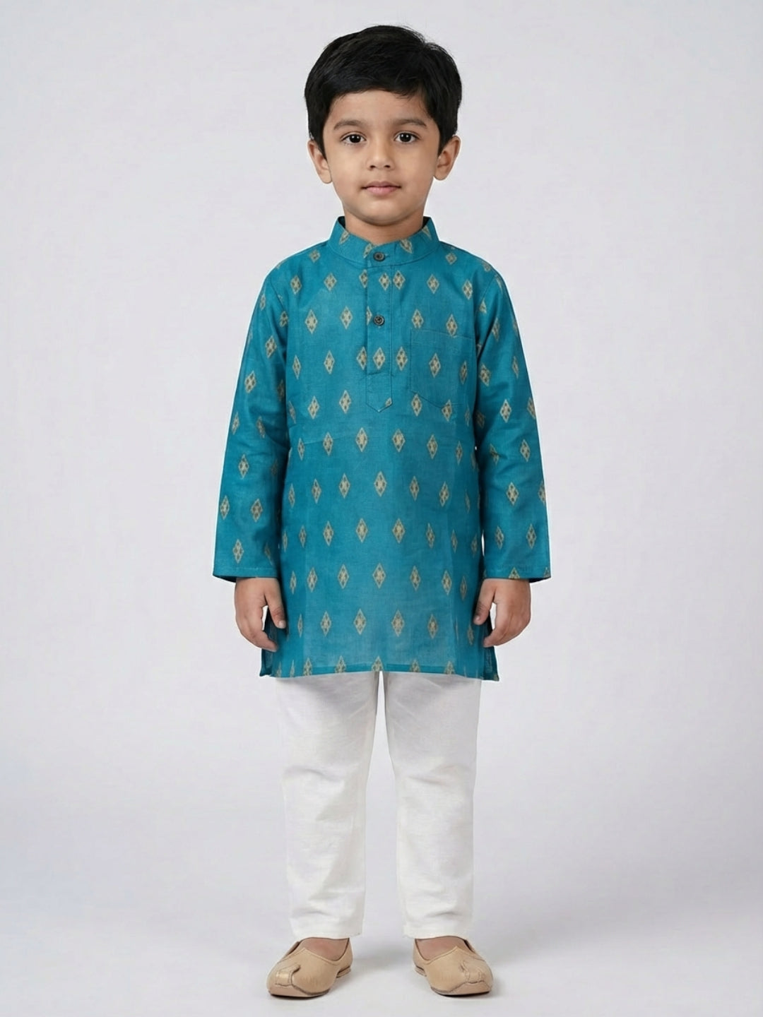 Biglilpeople Boys Teal Geometric Print Mandarin Collar Full Sleeves Straight Kurta Pyjamas Set