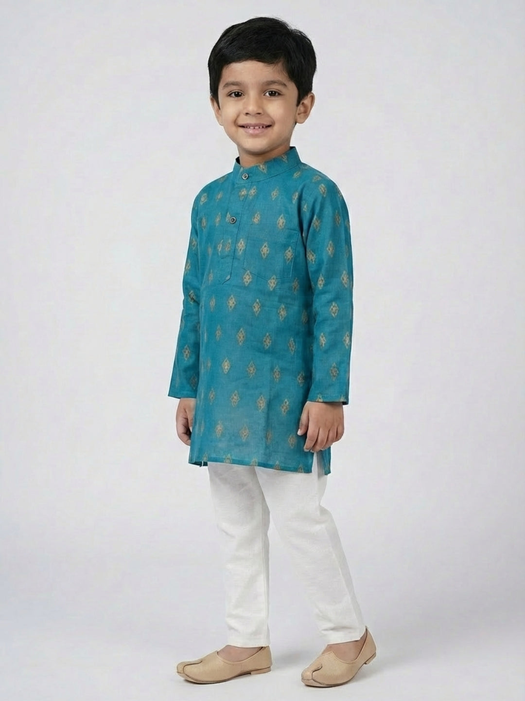 Biglilpeople Boys Teal Geometric Print Mandarin Collar Full Sleeves Straight Kurta Pyjamas Set