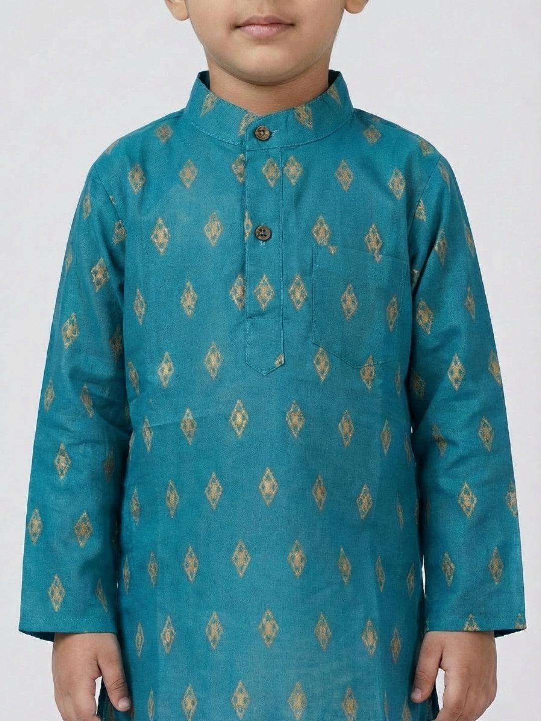 Biglilpeople Boys Teal Geometric Print Mandarin Collar Full Sleeves Straight Kurta Pyjamas Set