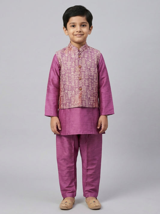 Biglilpeople Boys  Solid Purple Straight Kurta & Pyjama Set with Nehru Jacket