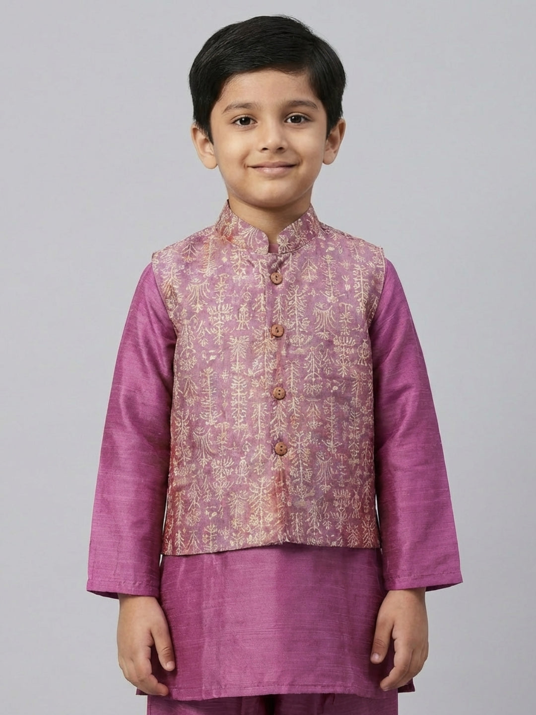 Biglilpeople Boys  Solid Purple Straight Kurta & Pyjama Set with Nehru Jacket