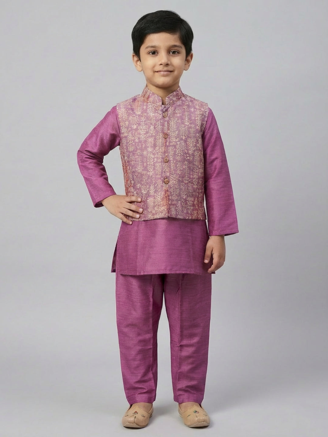 Biglilpeople Boys  Solid Purple Straight Kurta & Pyjama Set with Nehru Jacket