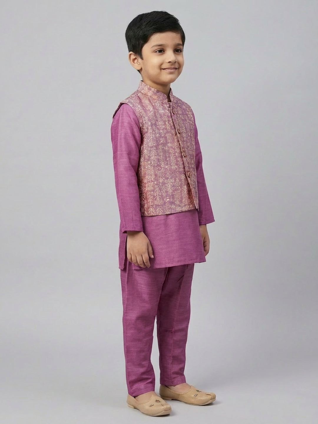 Biglilpeople Boys  Solid Purple Straight Kurta & Pyjama Set with Nehru Jacket