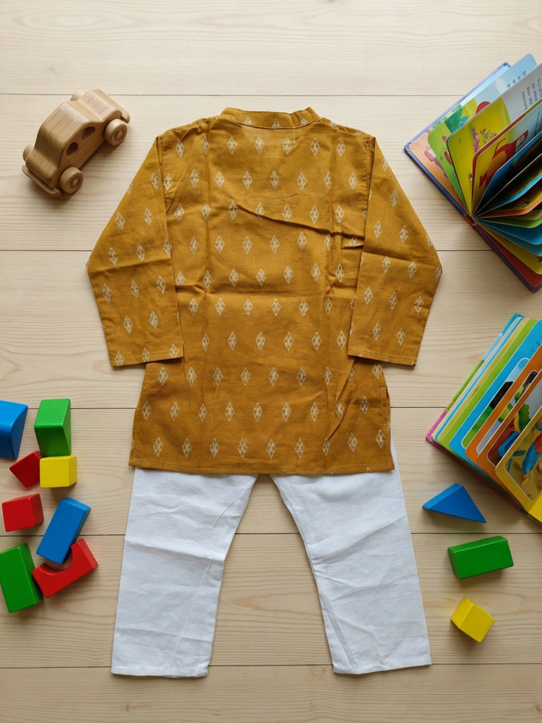 Biglilpeople Boys Mustard Yellow Geometric Print Mandarin Collar Full Sleeves Straight Kurta Pyjamas Set