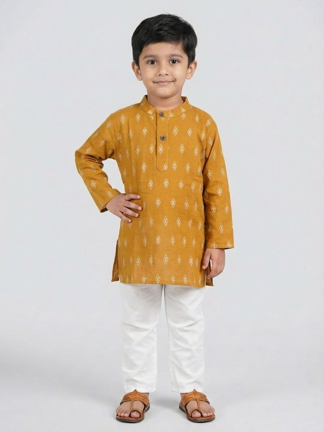 Biglilpeople Boys Mustard Yellow Geometric Print Mandarin Collar Full Sleeves Straight Kurta Pyjamas Set