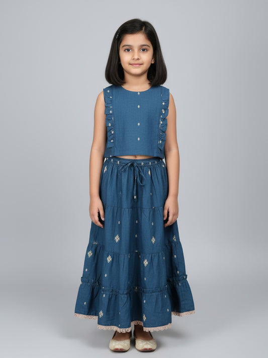 Biglilpeople Girls Printed Round Neck Sleeveless Lehenga Choli Set