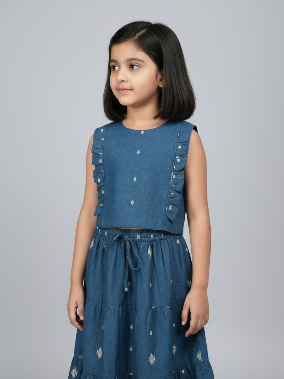 Biglilpeople Girls Printed Round Neck Sleeveless Lehenga Choli Set