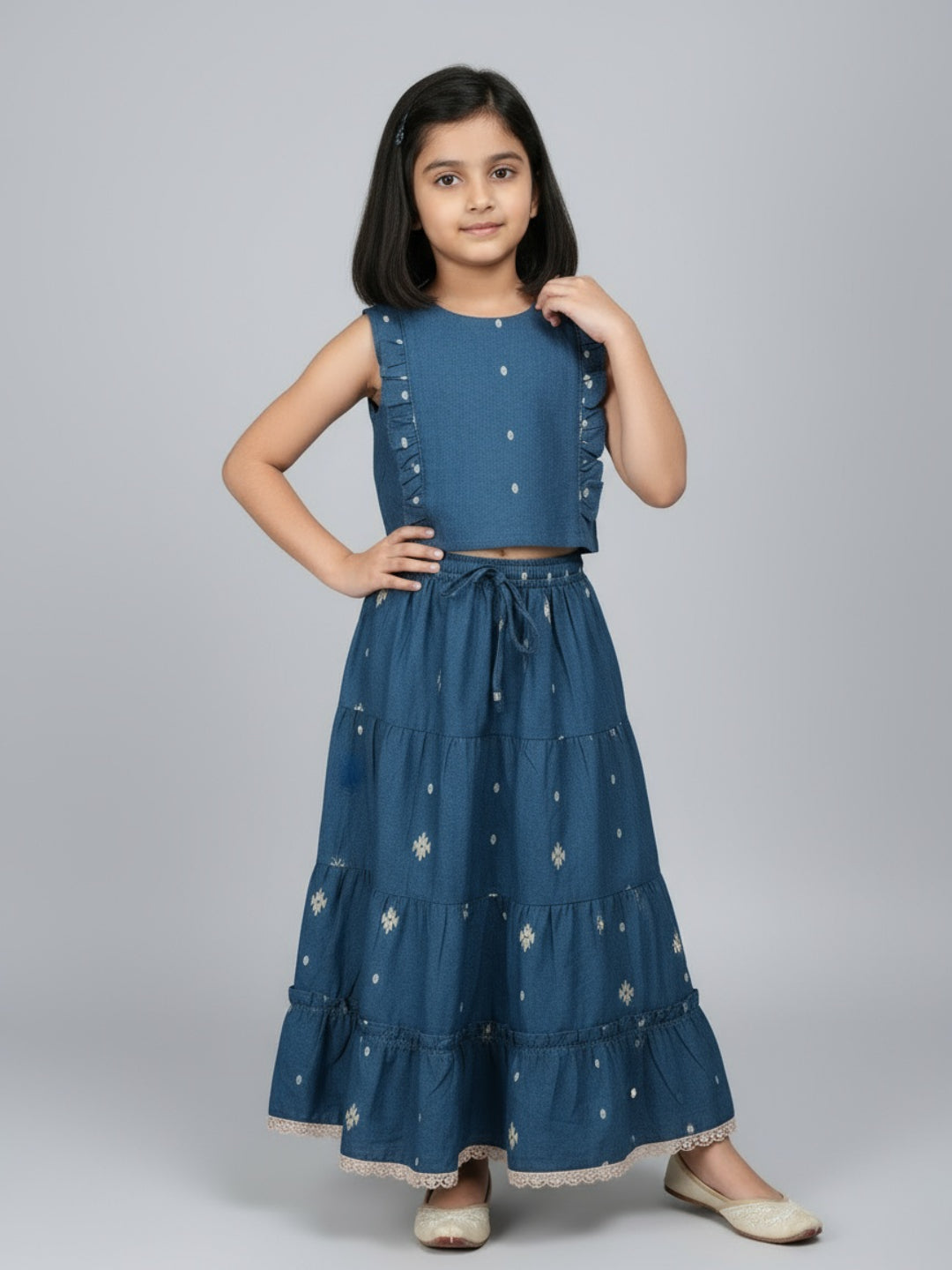 Biglilpeople Girls Printed Round Neck Sleeveless Lehenga Choli Set