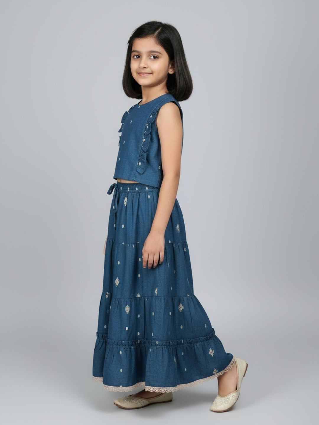 Biglilpeople Girls Printed Round Neck Sleeveless Lehenga Choli Set