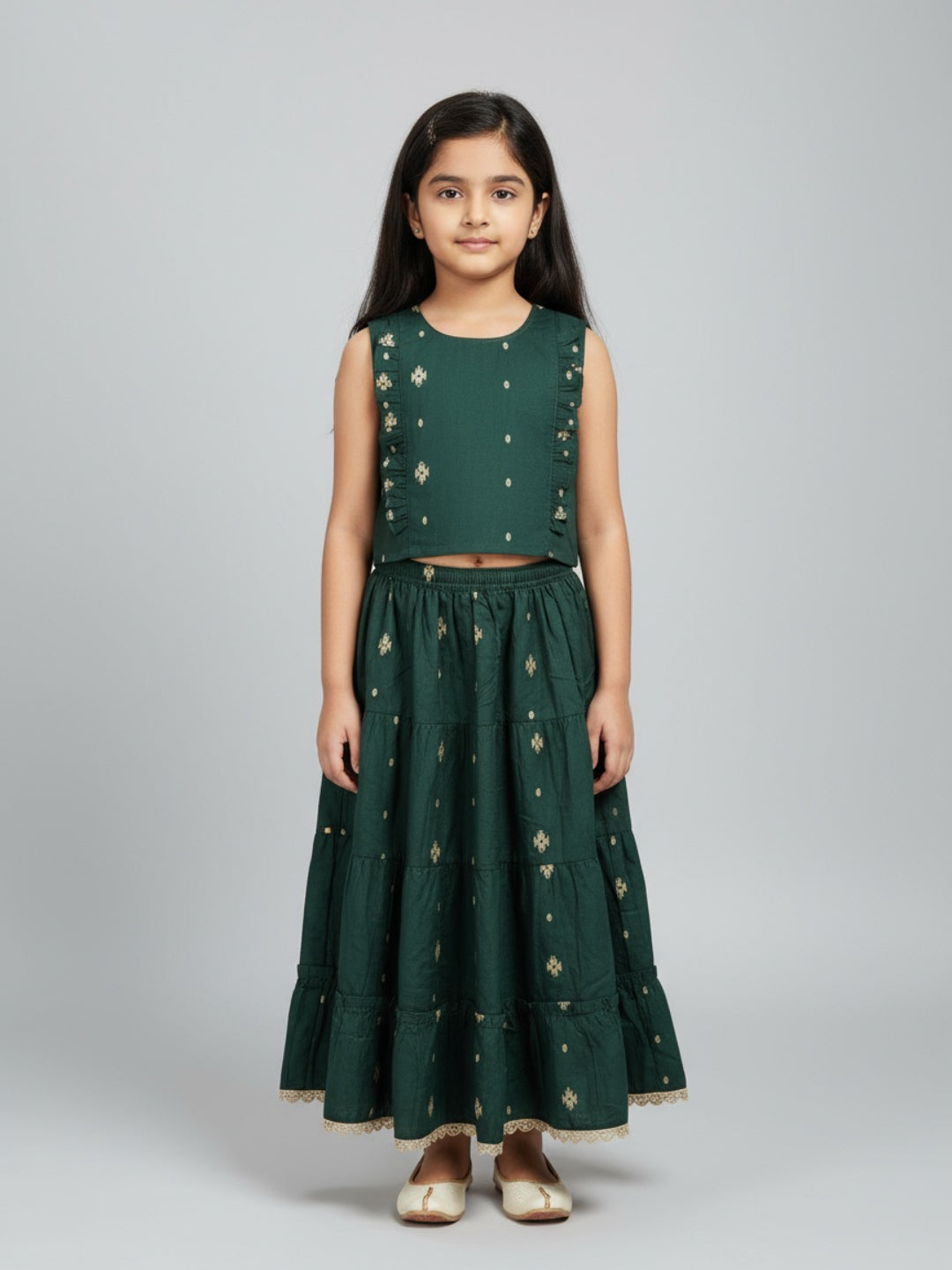 Biglilpeople Conjunto de lehenga choli sin mangas con cuello redondo y estampado para niñas