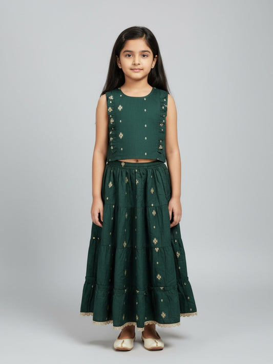 Biglilpeople Girls Printed Round Neck Sleeveless Lehenga Choli Set