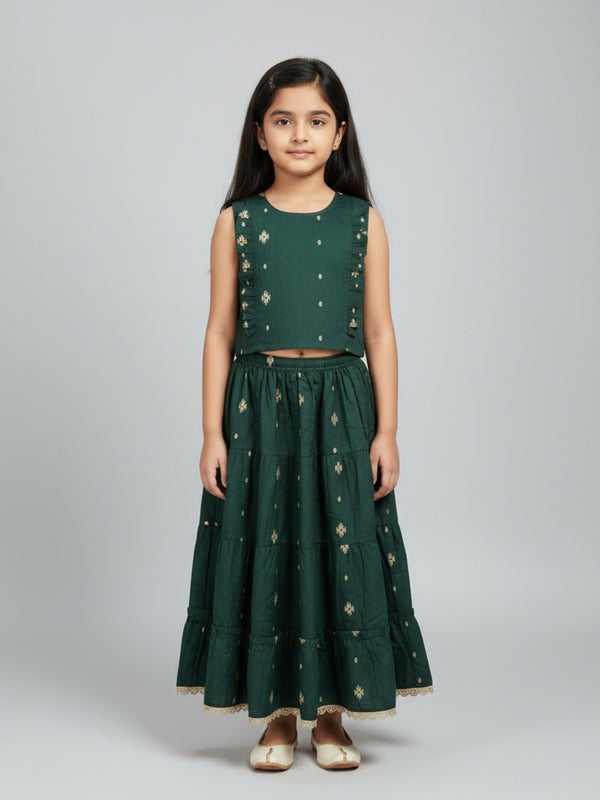 Biglilpeople Girls Printed Round Neck Sleeveless Lehenga Choli Set