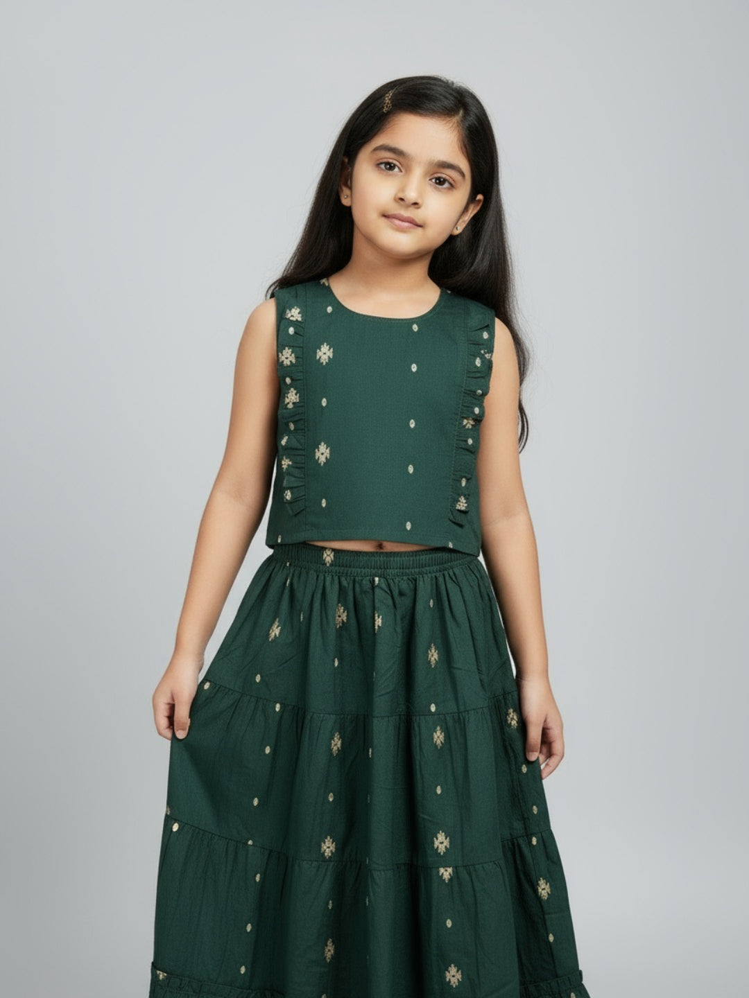 Biglilpeople Conjunto de lehenga choli sin mangas con cuello redondo y estampado para niñas