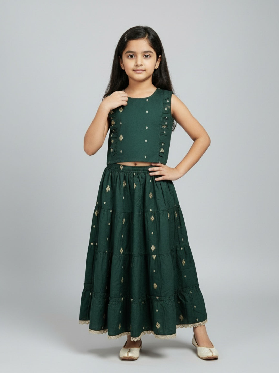 Biglilpeople Girls Printed Round Neck Sleeveless Lehenga Choli Set