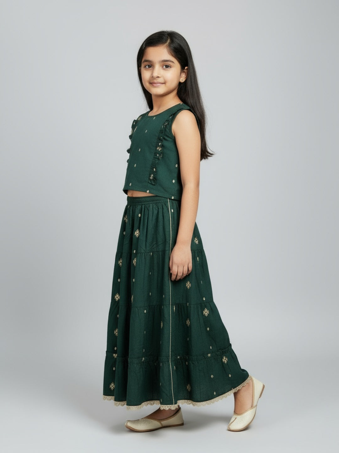 Biglilpeople Girls Printed Round Neck Sleeveless Lehenga Choli Set