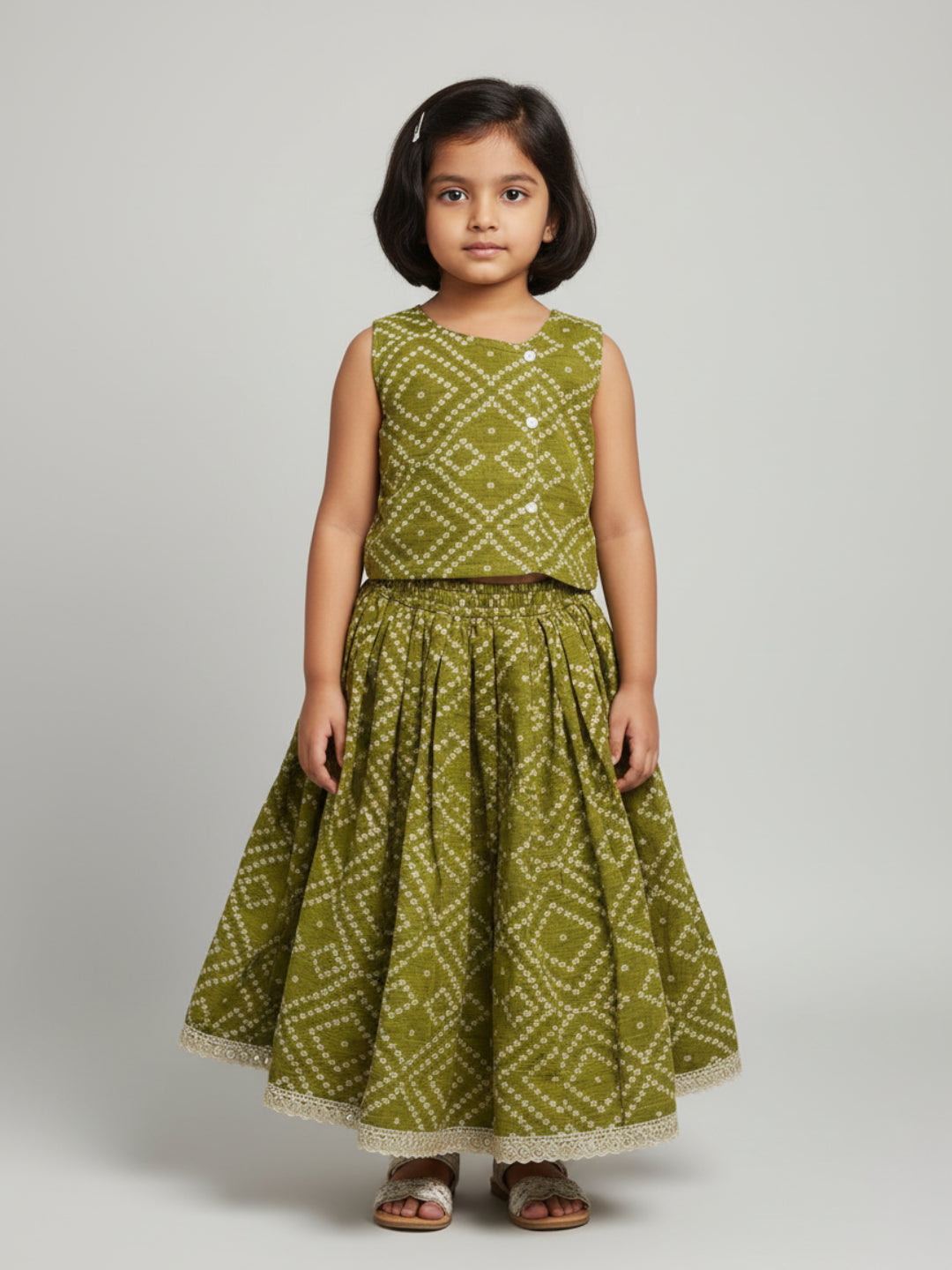 Biglilpeople Infant Girls Printed Round Neck Sleeveless Lehenga Choli Set