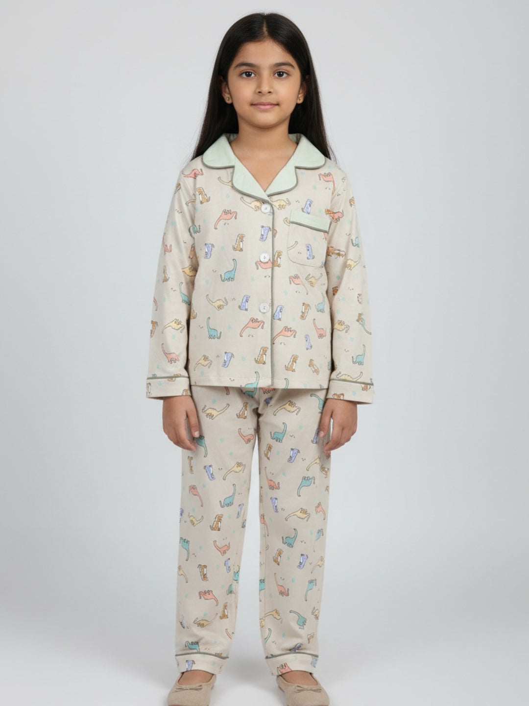 Biglilpeople Cotton Dino Print Beige Night Suit
