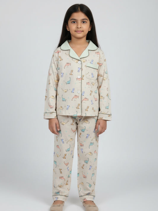 Biglilpeople Cotton Dino Print Beige Night Suit