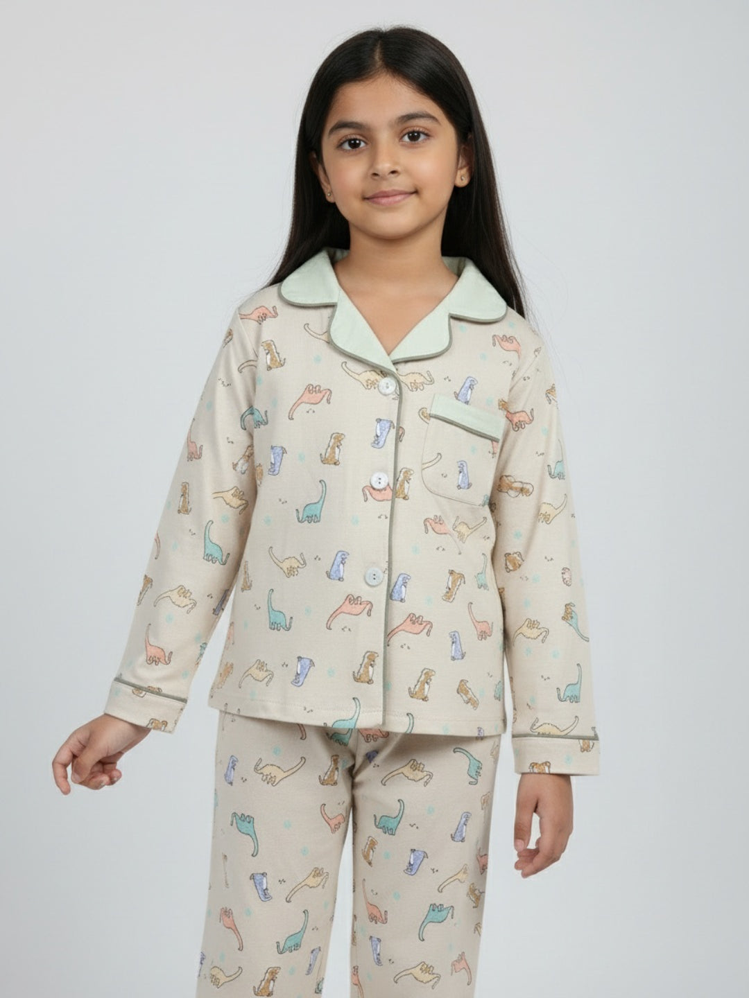 Biglilpeople Cotton Dino Print Beige Night Suit