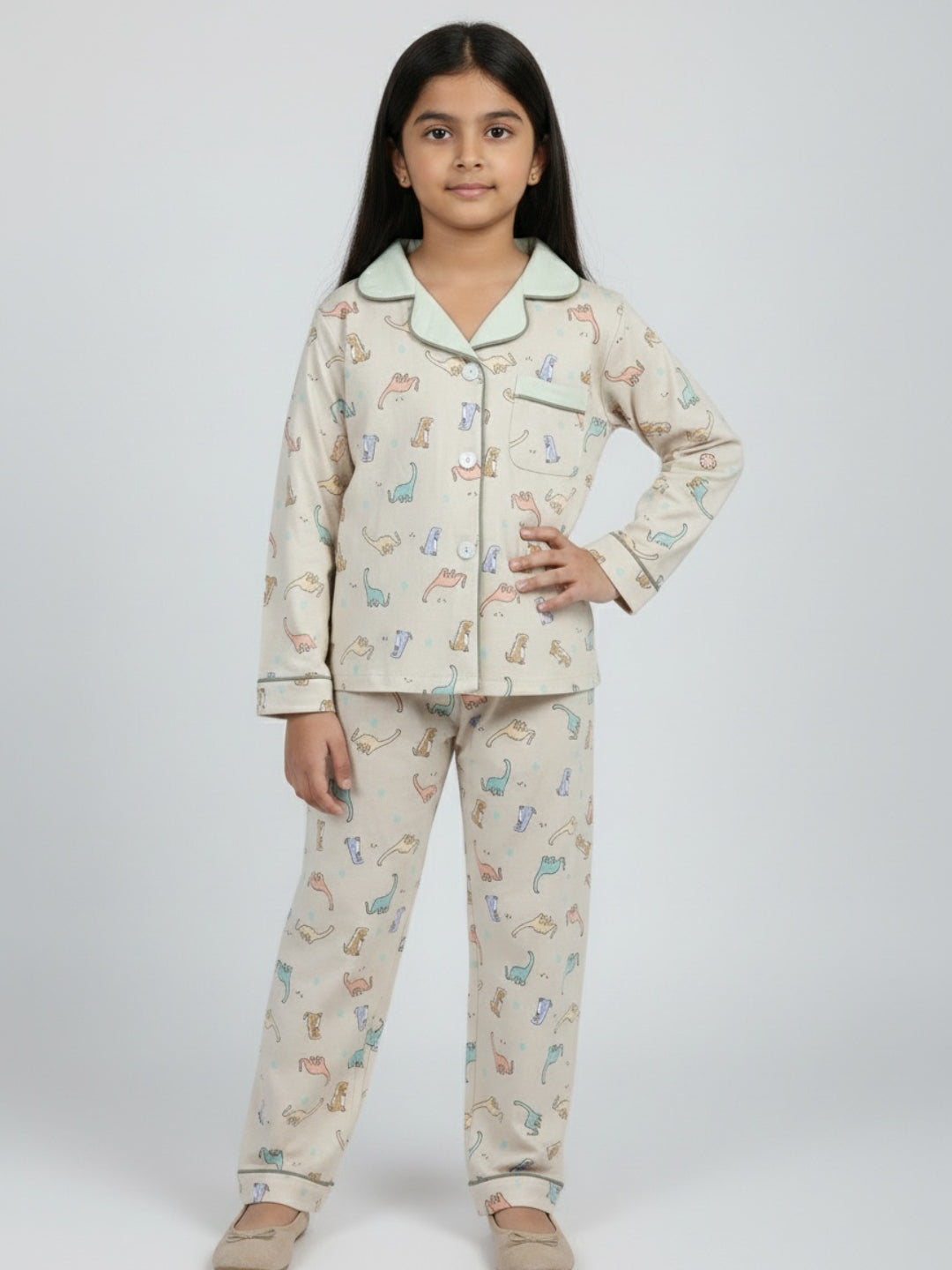 Biglilpeople Cotton Dino Print Beige Night Suit