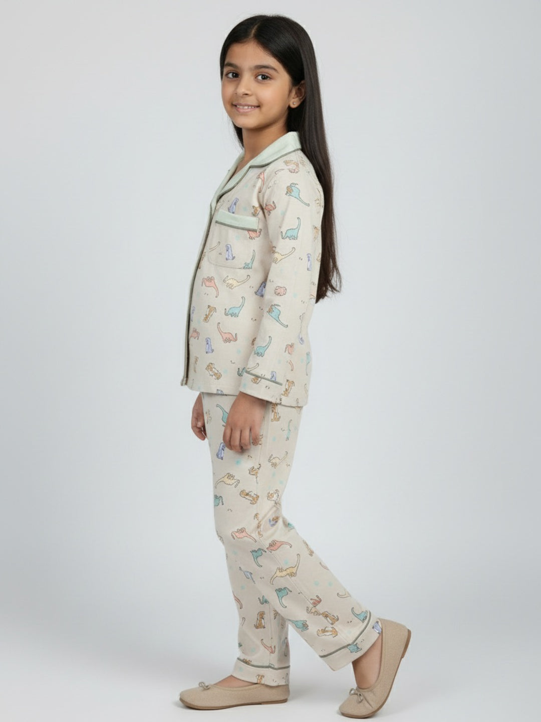 Biglilpeople Cotton Dino Print Beige Night Suit