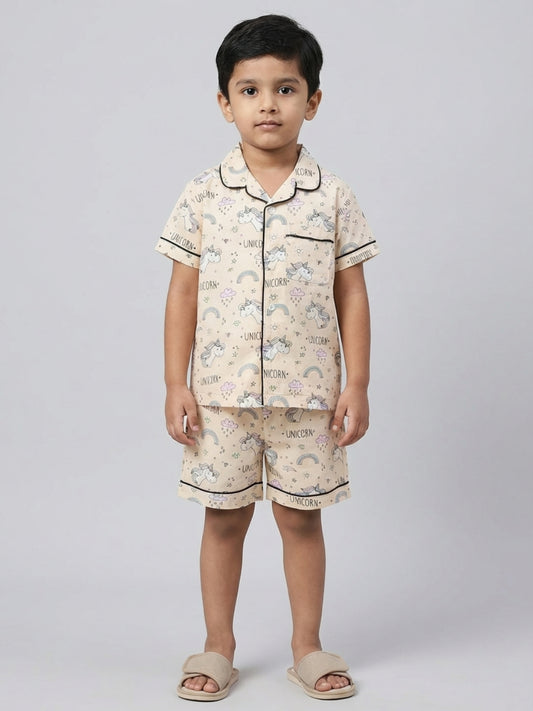 Biglilpeople Kids Unisex Unicorn Printed Beige Color Rayon Half Sleeve Shirt & Short Nightsuit
