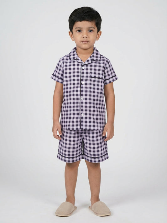 Biglilpeople Boys Black & Purple Checked Pure Cotton Short Sleeves Shirt & Shorts Nightsuit