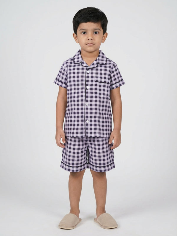 Biglilpeople Boys Black & Purple Checked Pure Cotton Short Sleeves Shirt & Shorts Nightsuit