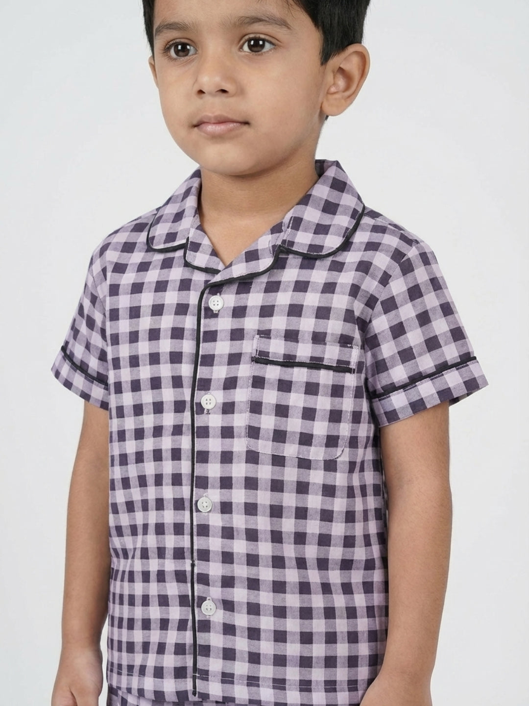 Biglilpeople Boys Black & Purple Checked Pure Cotton Short Sleeves Shirt & Shorts Nightsuit