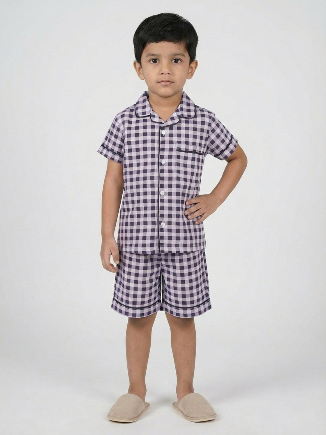 Biglilpeople Boys Black & Purple Checked Pure Cotton Short Sleeves Shirt & Shorts Nightsuit