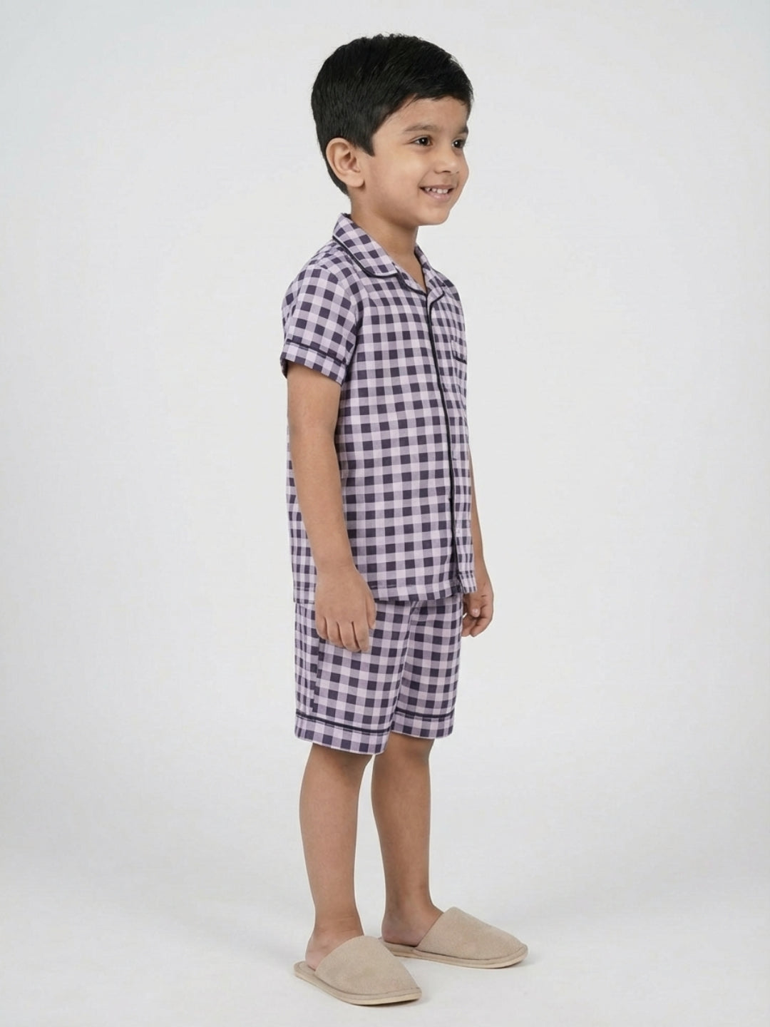 Biglilpeople Boys Black & Purple Checked Pure Cotton Short Sleeves Shirt & Shorts Nightsuit