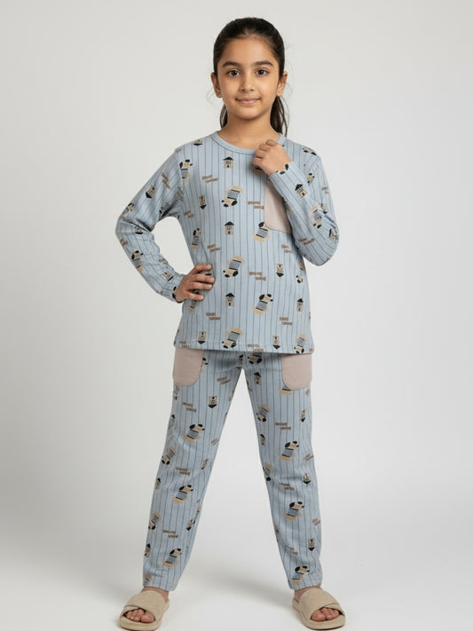 Biglilpeople Girls Blue Striped Printed Cotton Nightwear Set