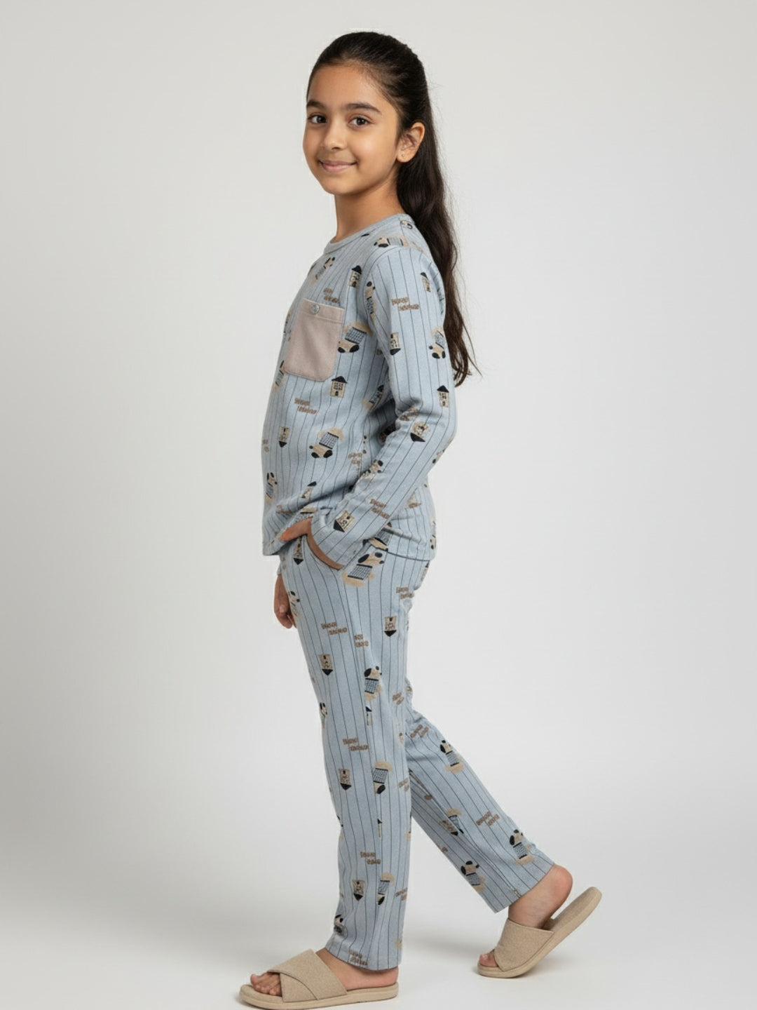 Biglilpeople Girls Blue Striped Printed Cotton Nightwear Set