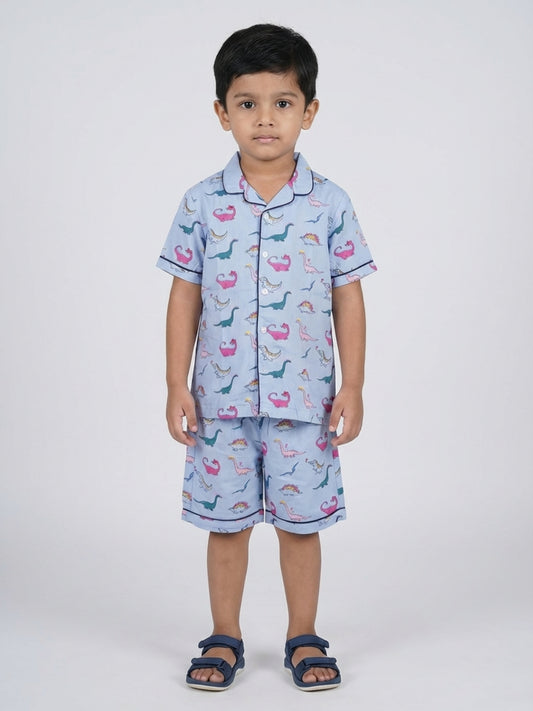 Biglilpeople Boys Dino Printed Blue Color Pure Cotton Short Sleeves Shirt & Shorts Nightsuit