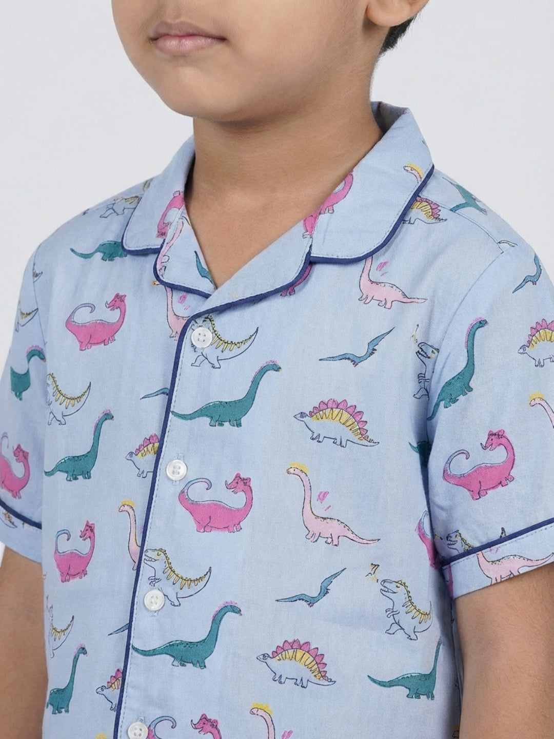 Biglilpeople Boys Dino Printed Blue Color Pure Cotton Short Sleeves Shirt & Shorts Nightsuit