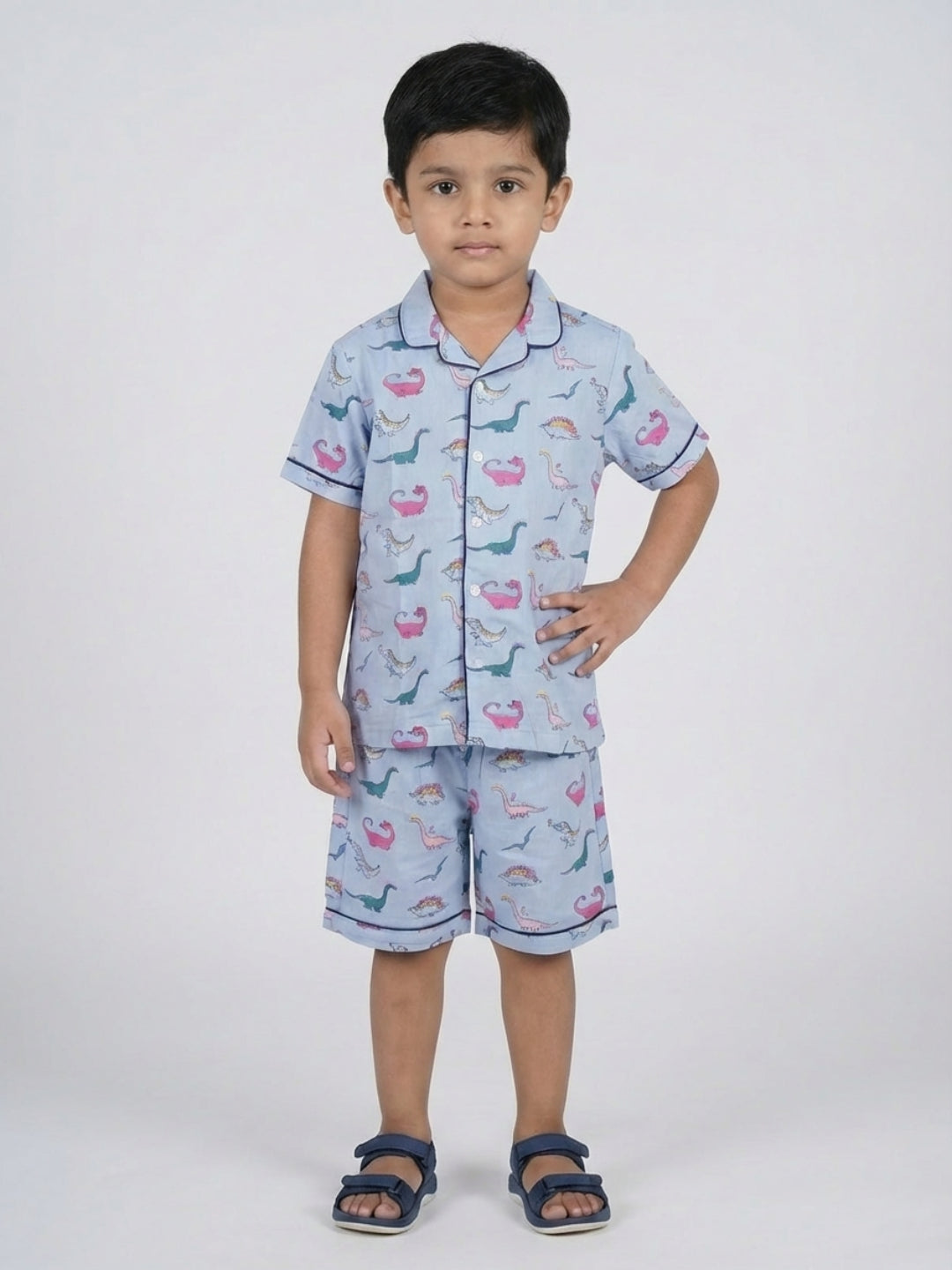 Biglilpeople Boys Dino Printed Blue Color Pure Cotton Short Sleeves Shirt & Shorts Nightsuit