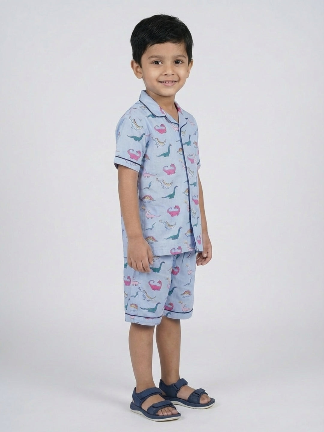 Biglilpeople Boys Dino Printed Blue Color Pure Cotton Short Sleeves Shirt & Shorts Nightsuit