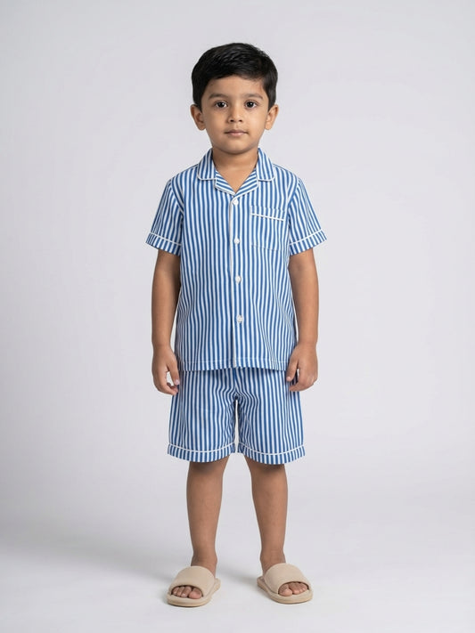 Biglilpeople Boys Blue & White Stripe Pure Cotton Short Sleeves Shirt & Shorts Nightsuit