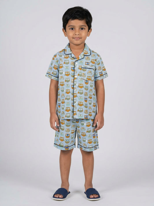Biglilpeople Kids Unisex Owl Printed Steel blue Color Pure Cotton Short Sleeves Shirt & Shorts Nightsuit