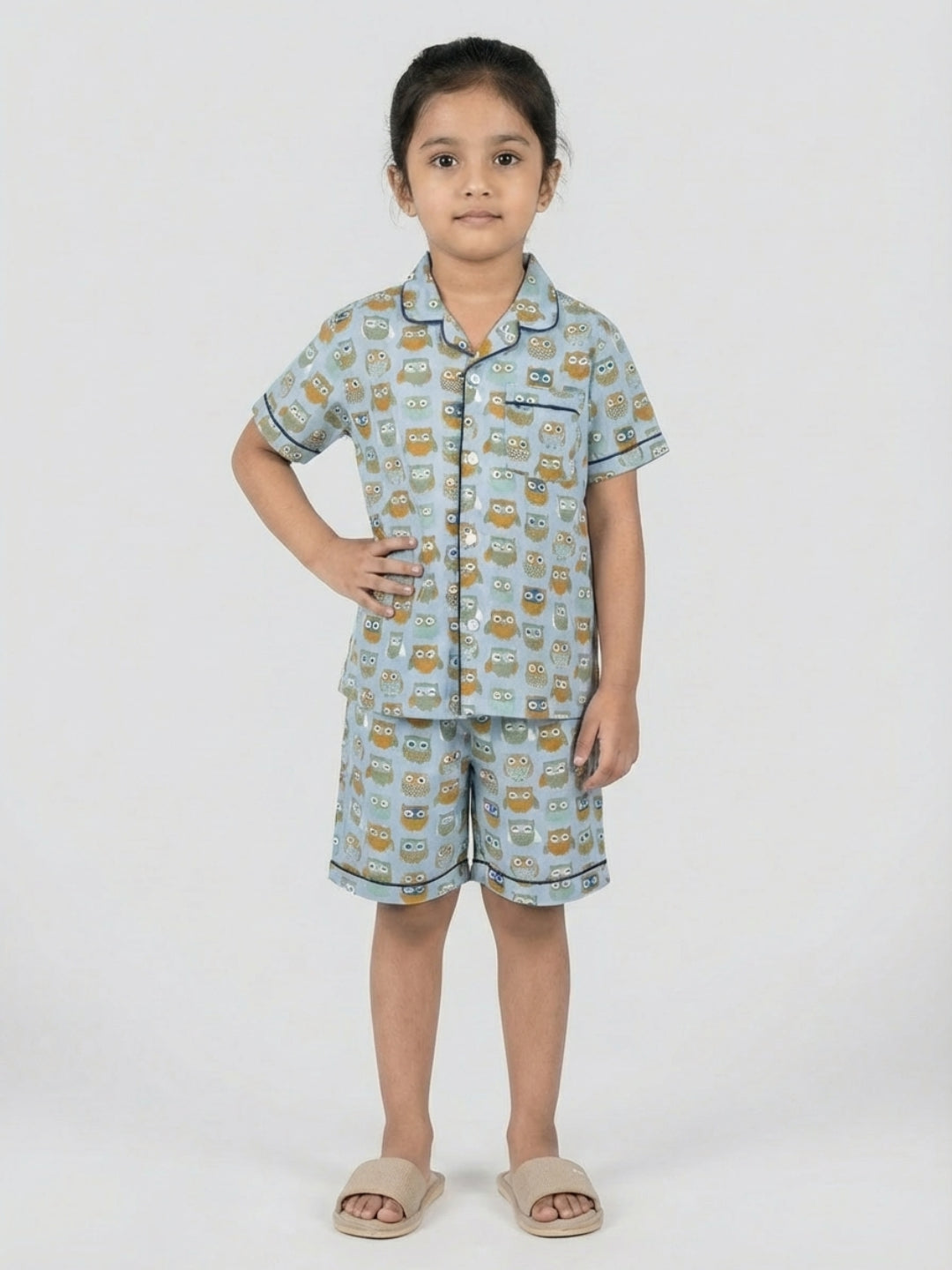 Biglilpeople Kids Unisex Owl Printed Steel blue Color Pure Cotton Short Sleeves Shirt & Shorts Nightsuit