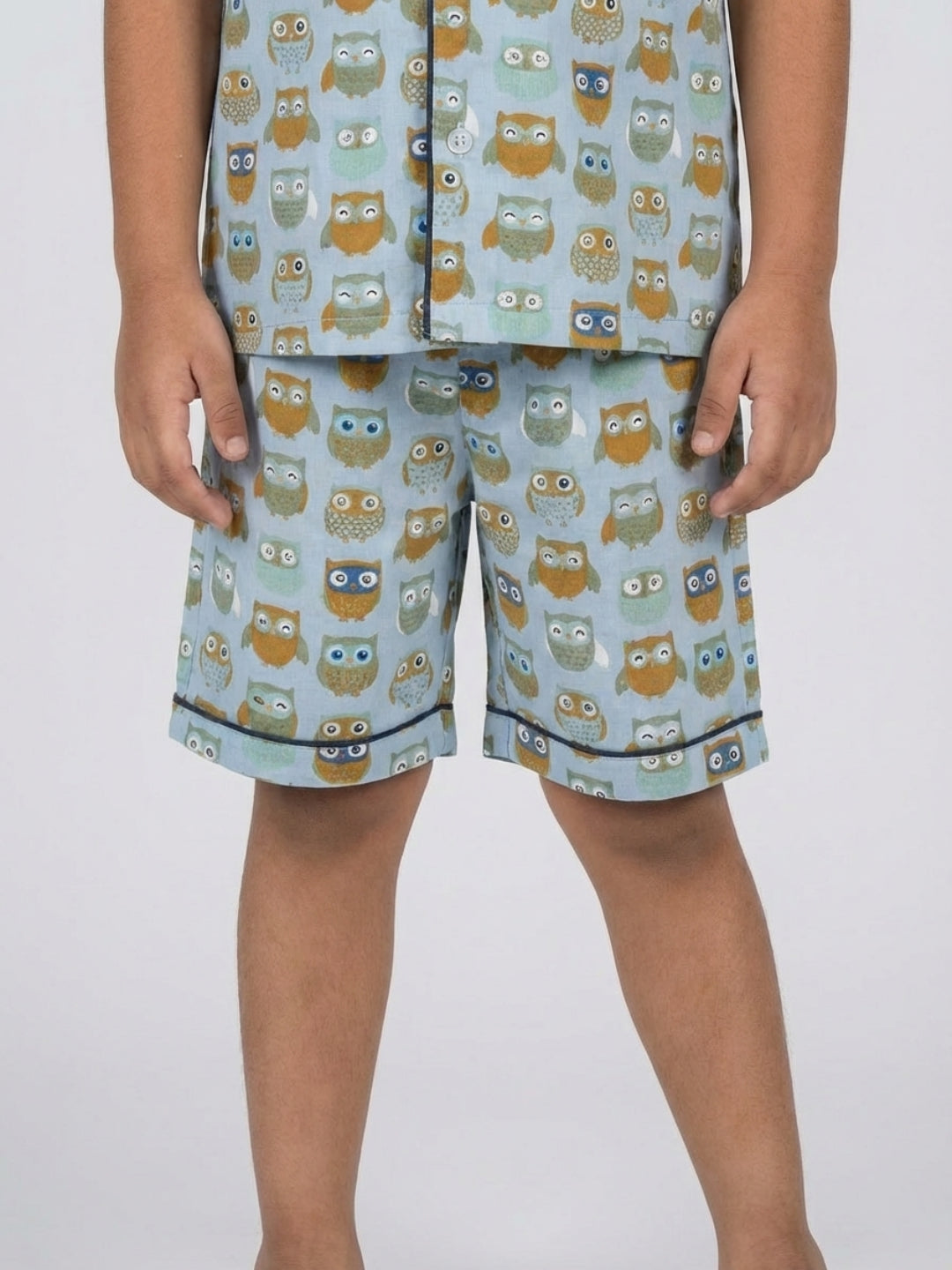 Biglilpeople Kids Unisex Owl Printed Steel blue Color Pure Cotton Short Sleeves Shirt & Shorts Nightsuit