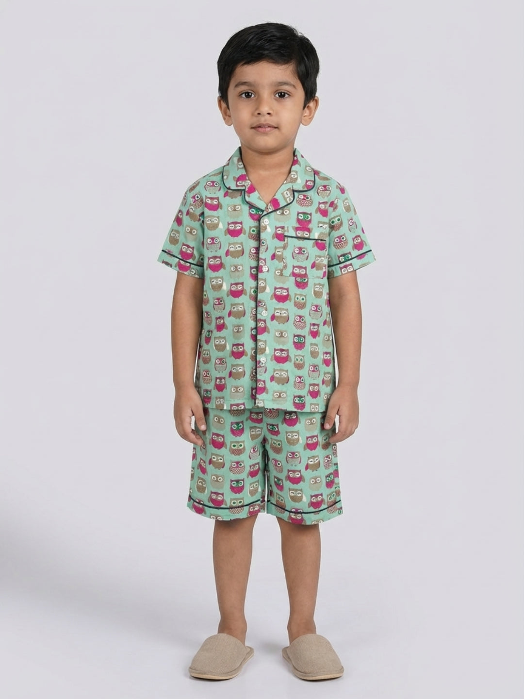 Biglilpeople Kids Unisex Owl Printed Sage Green Color Pure Cotton Short Sleeves Shirt & Shorts Nightsuit