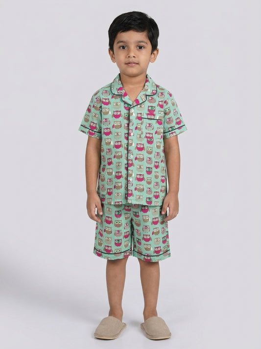 Biglilpeople Kids Unisex Owl Printed Sage Green Color Pure Cotton Short Sleeves Shirt & Shorts Nightsuit