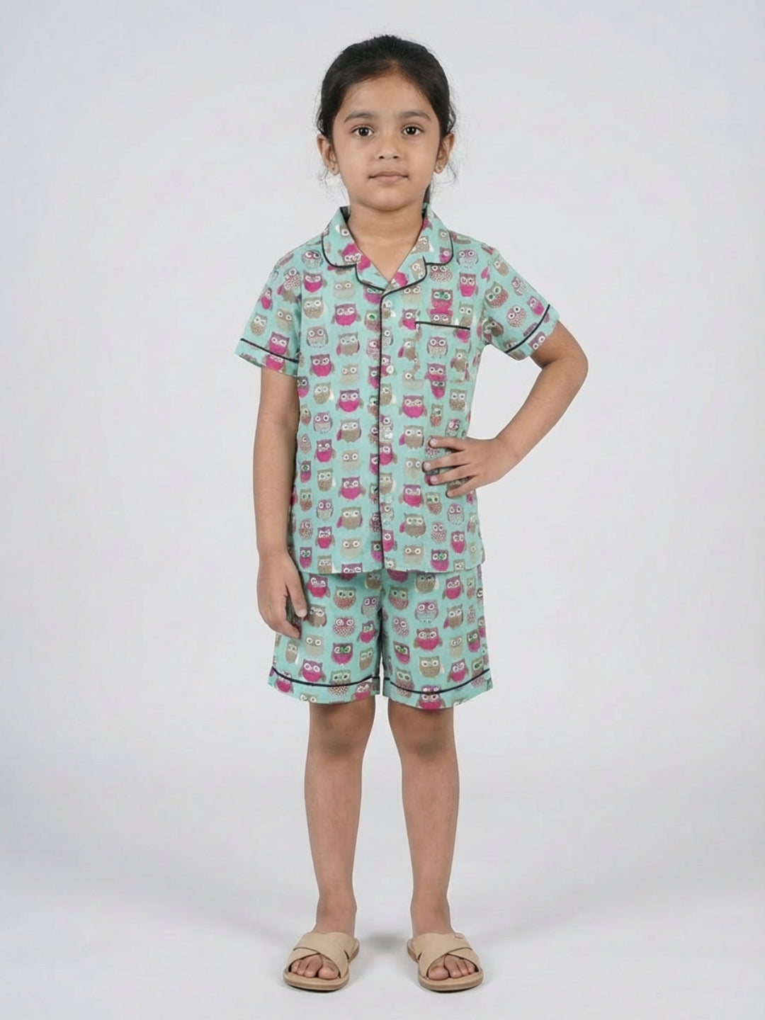 Biglilpeople Kids Unisex Owl Printed Sage Green Color Pure Cotton Short Sleeves Shirt & Shorts Nightsuit