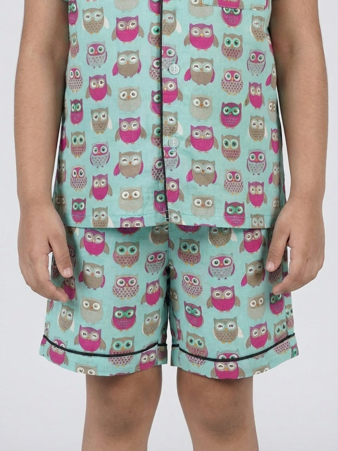 Biglilpeople Kids Unisex Owl Printed Sage Green Color Pure Cotton Short Sleeves Shirt & Shorts Nightsuit