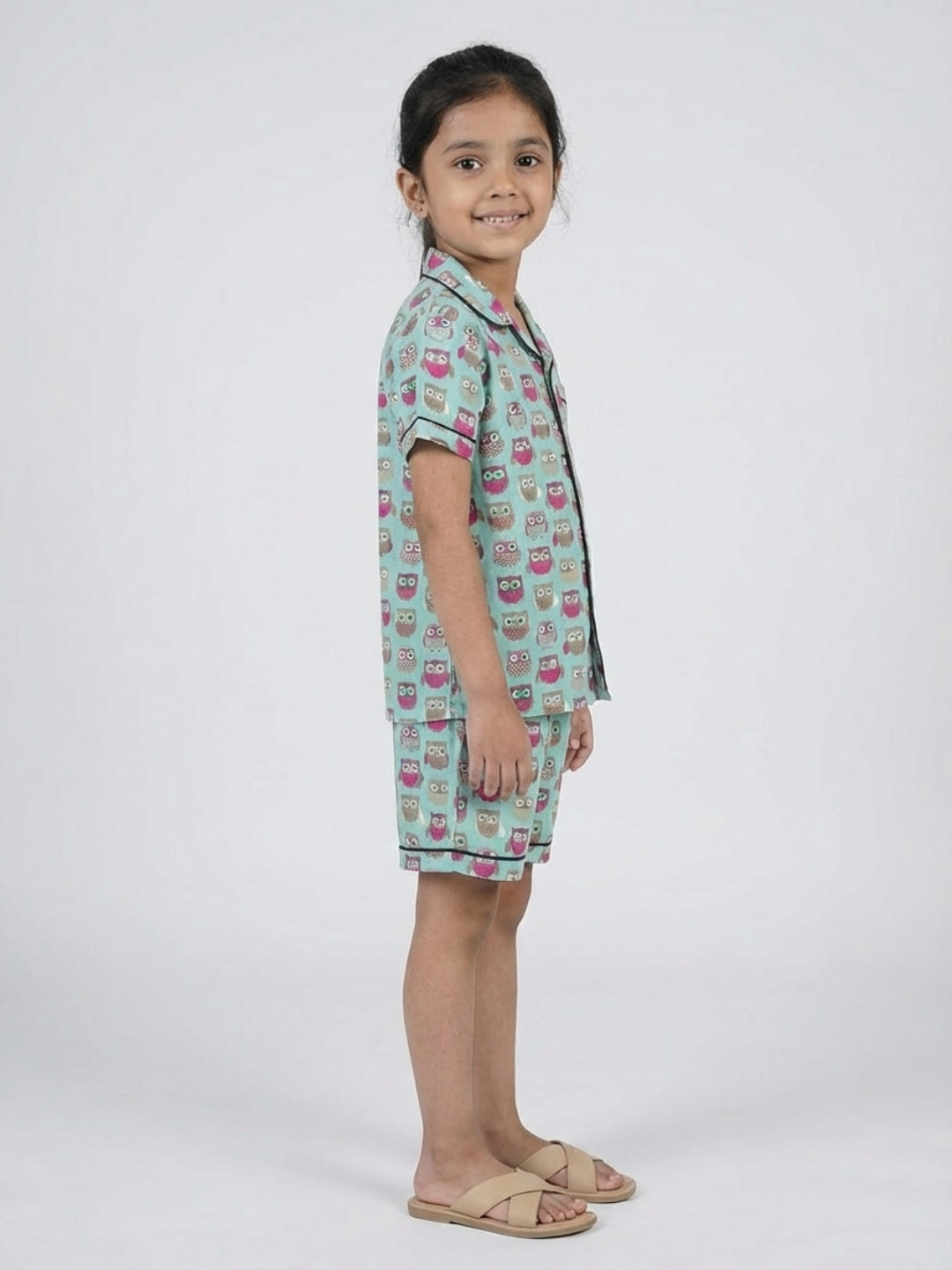 Biglilpeople Kids Unisex Owl Printed Sage Green Color Pure Cotton Short Sleeves Shirt & Shorts Nightsuit
