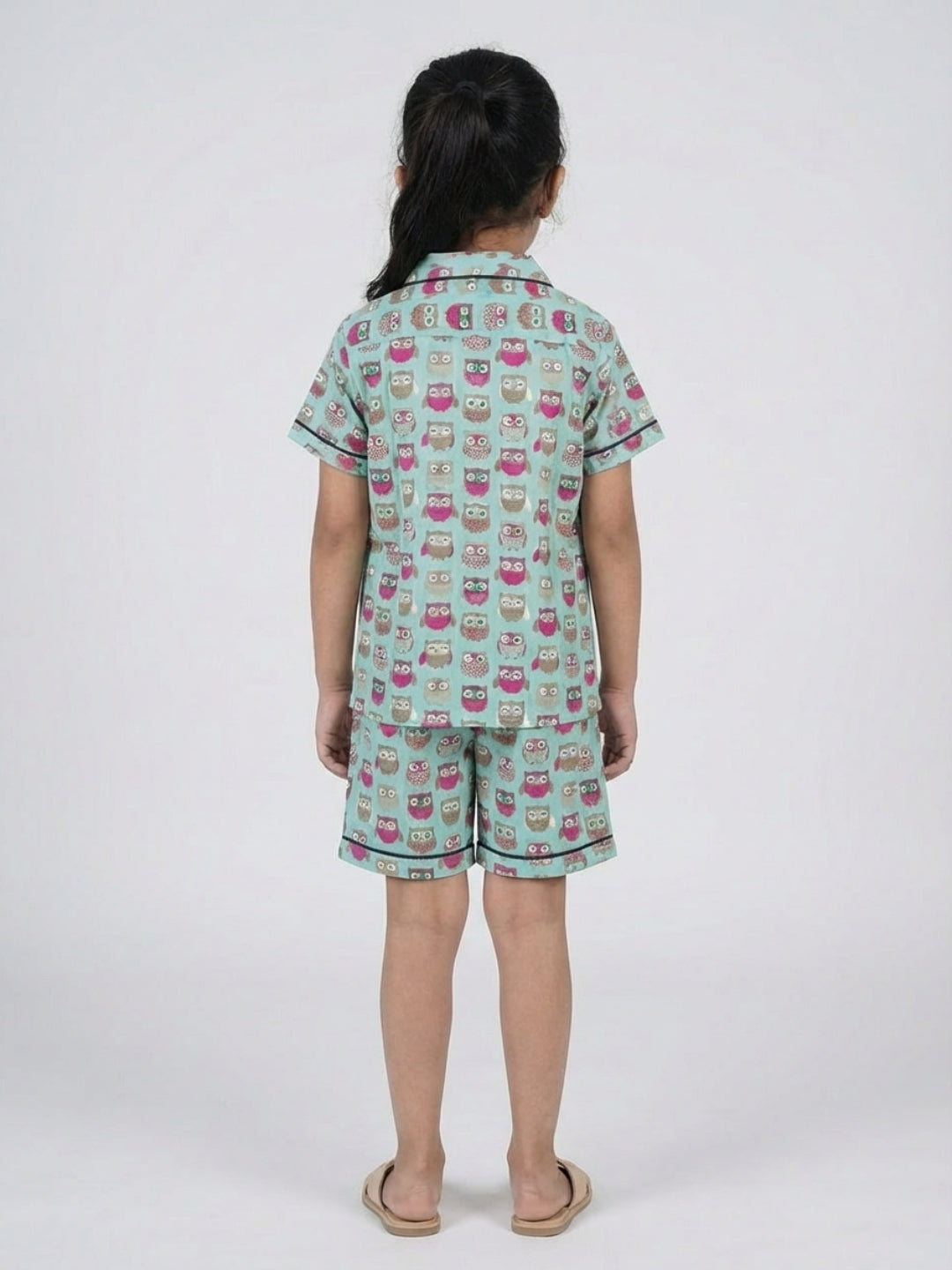 Biglilpeople Kids Unisex Owl Printed Sage Green Color Pure Cotton Short Sleeves Shirt & Shorts Nightsuit
