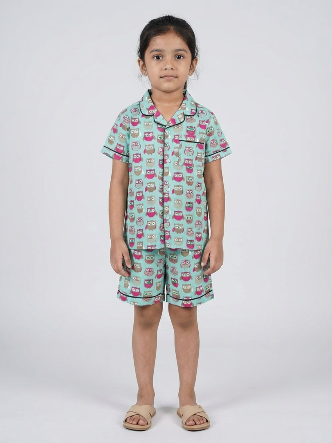 Biglilpeople Kids Unisex Owl Printed Sage Green Color Pure Cotton Short Sleeves Shirt & Shorts Nightsuit